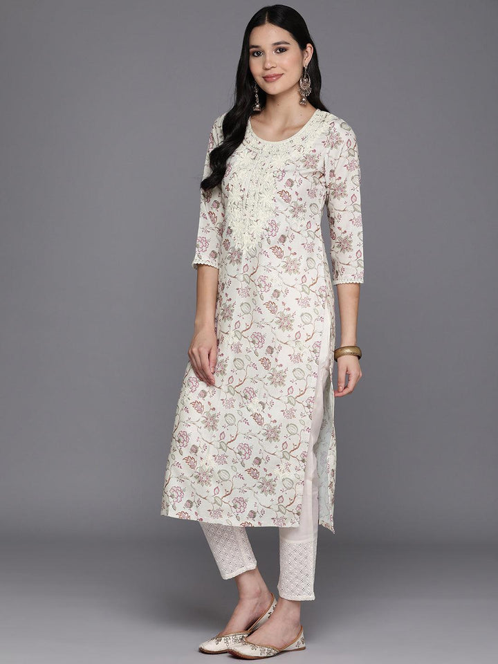 Off White Printed Cotton Straight Kurta - Libas