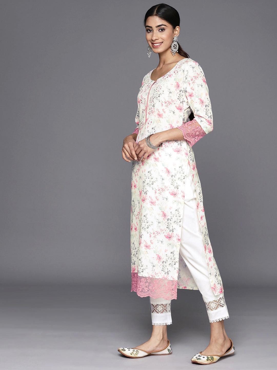 Off White Printed Cotton Straight Kurta - Libas