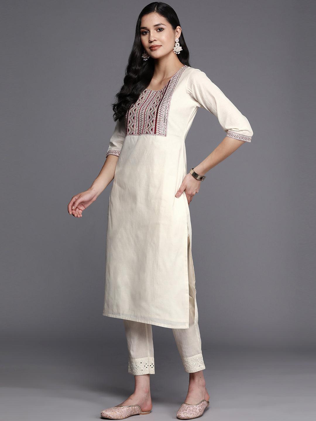 Off White Printed Cotton Straight Kurta - ShopLibas