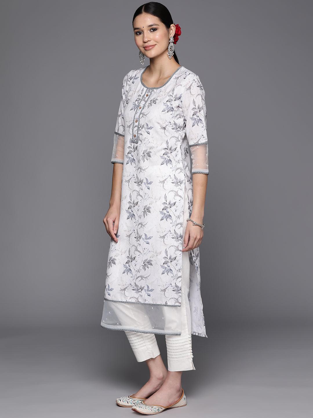 Off White Printed Cotton Straight Kurta - Libas