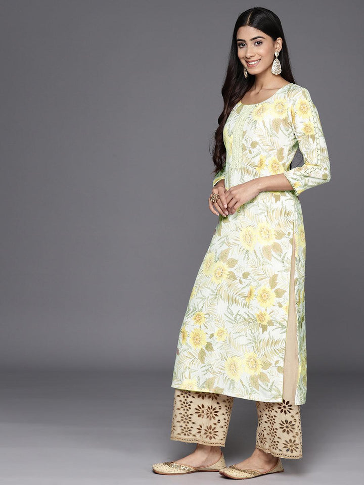 Off White Printed Cotton Straight Kurta - Libas