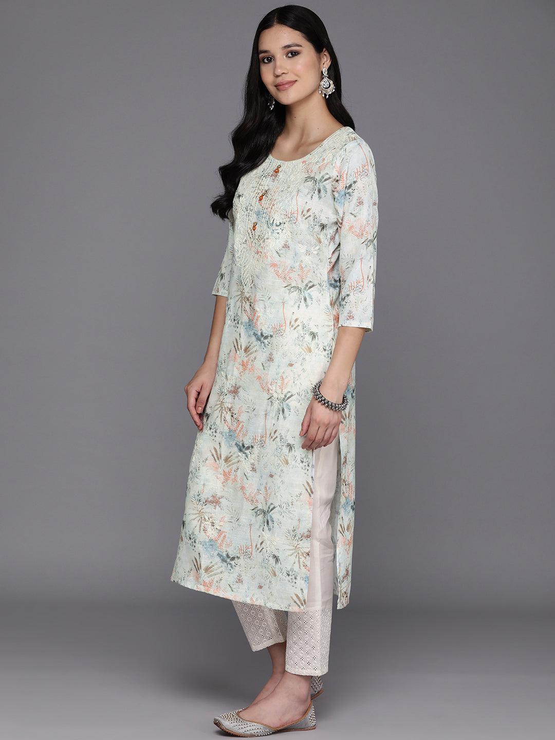 Off White Printed Cotton Straight Kurta