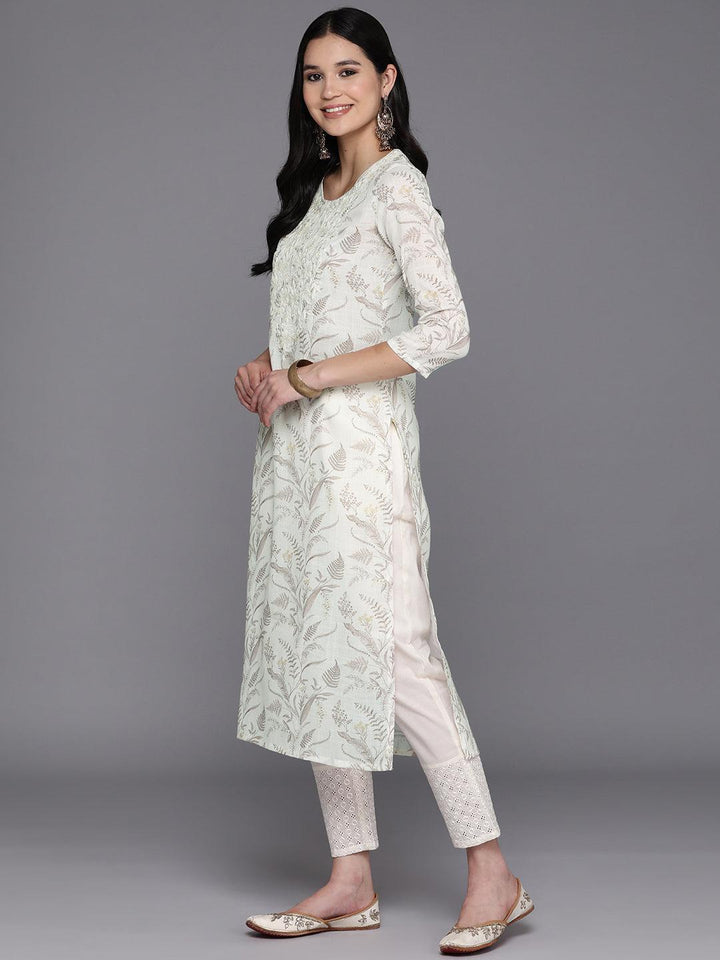 Off White Printed Cotton Straight Kurta - Libas