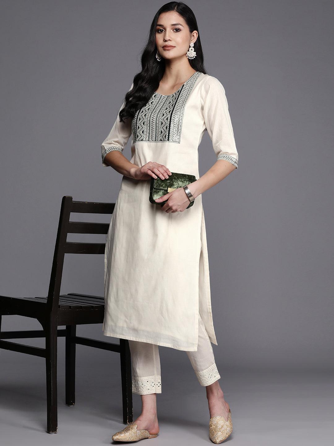 Off White Printed Cotton Straight Kurta - ShopLibas