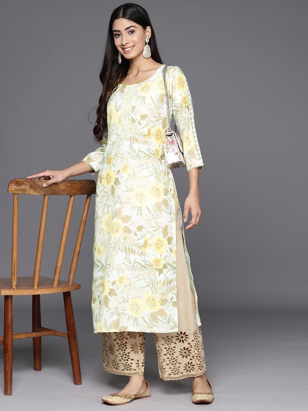 Off White Printed Cotton Straight Kurta - Libas