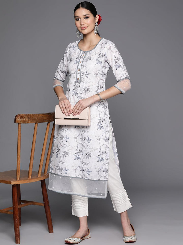 Off White Printed Cotton Straight Kurta - Libas