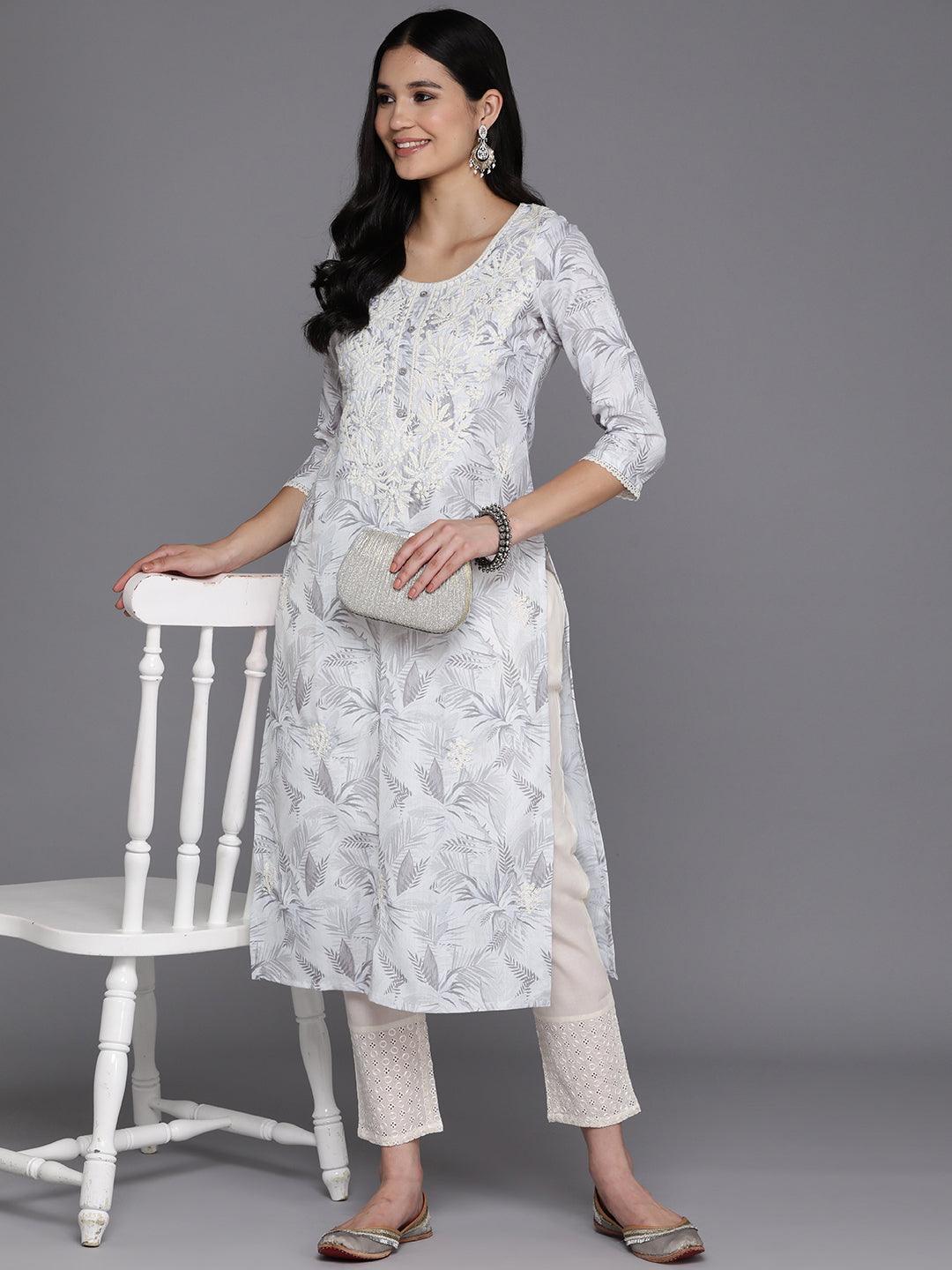 Off White Printed Cotton Straight Kurta - Libas