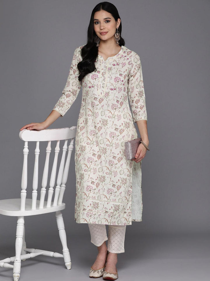 Off White Printed Cotton Straight Kurta - Libas