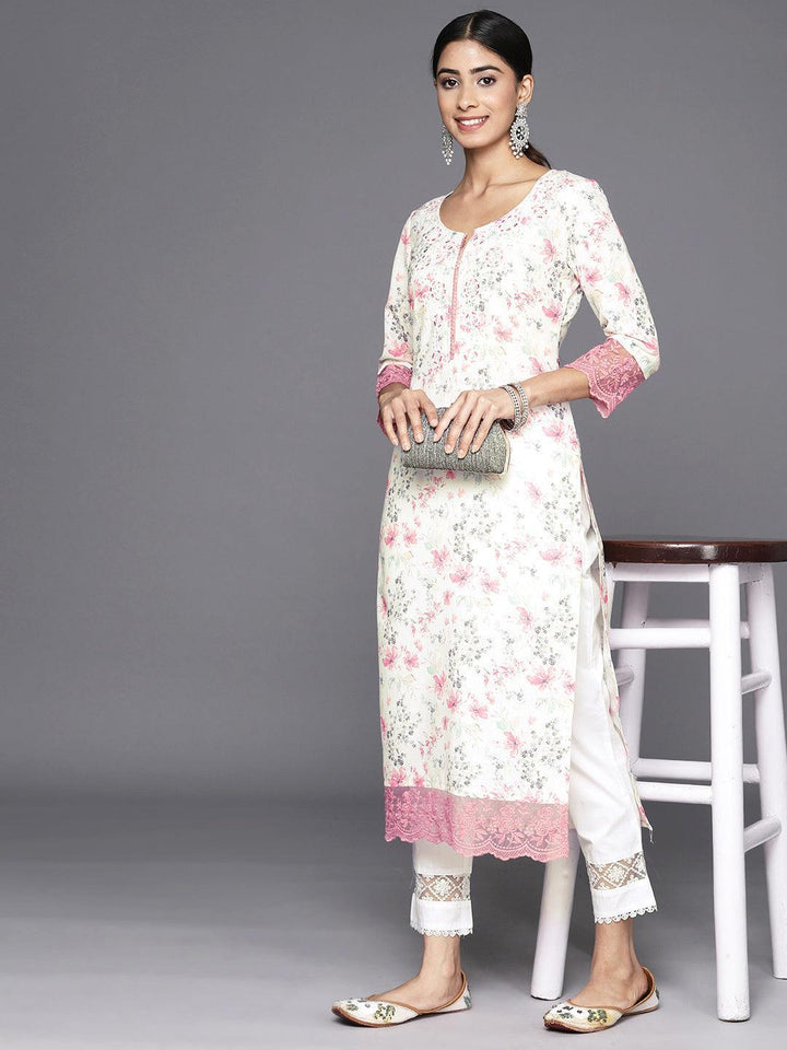 Off White Printed Cotton Straight Kurta - Libas