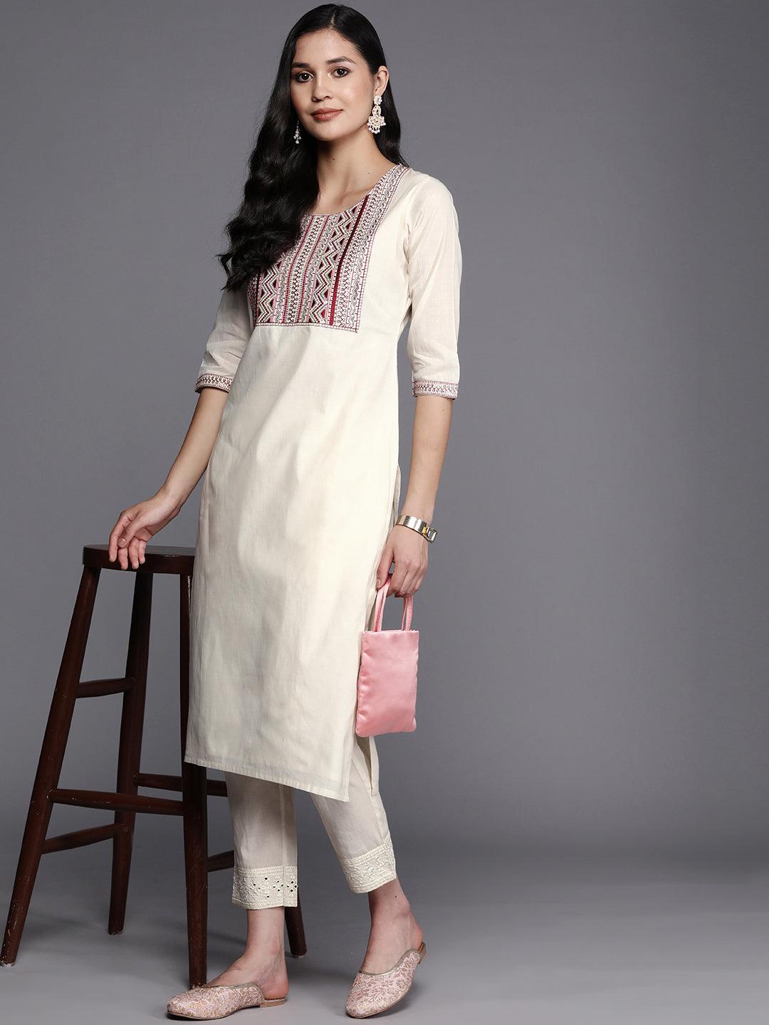 Off White Printed Cotton Straight Kurta - ShopLibas