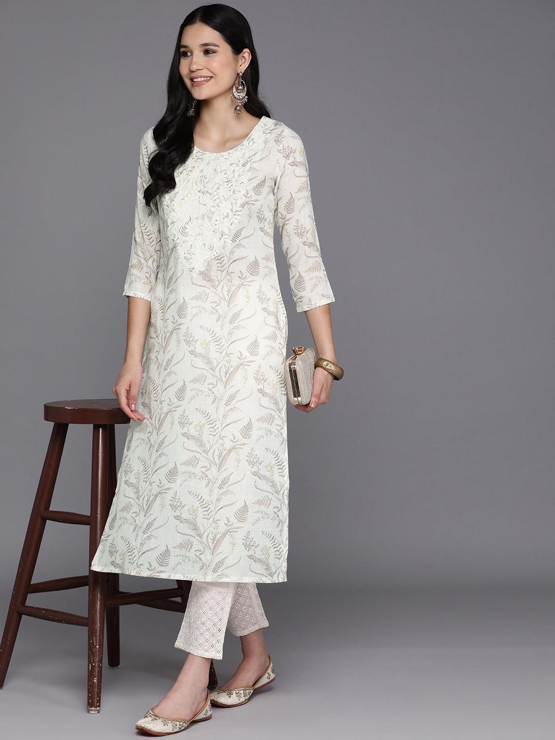 Off White Printed Cotton Straight Kurta - Libas