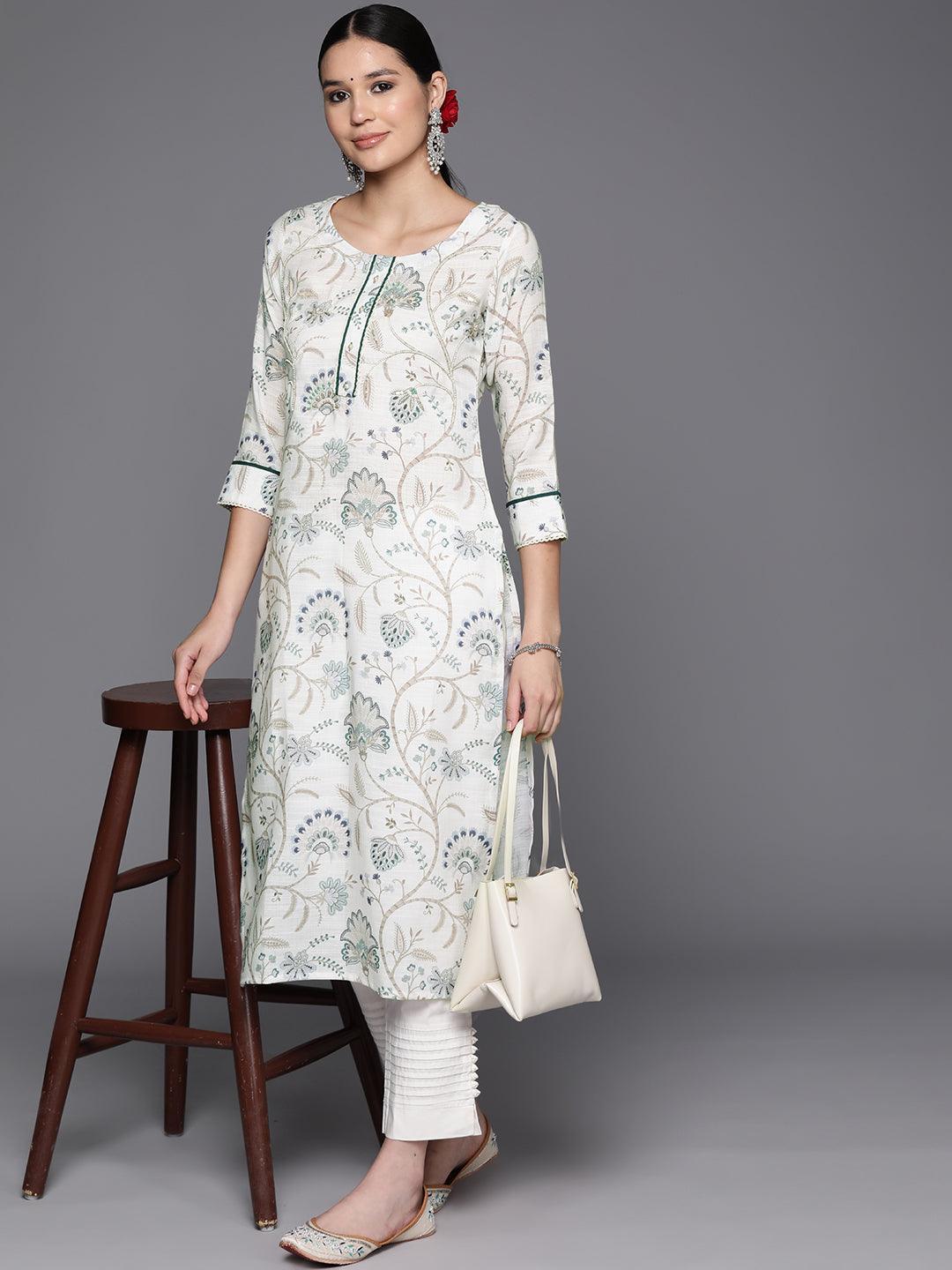 Off White Printed Cotton Straight Kurta - Libas