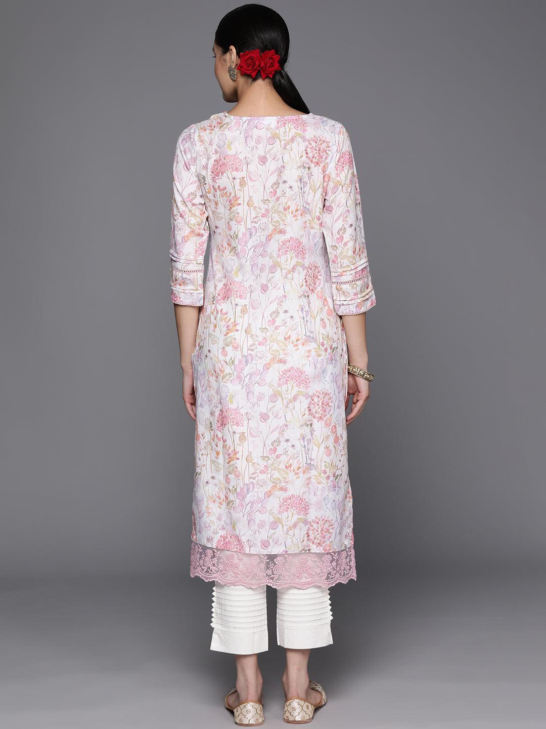 Off White Printed Cotton Straight Kurta - Libas