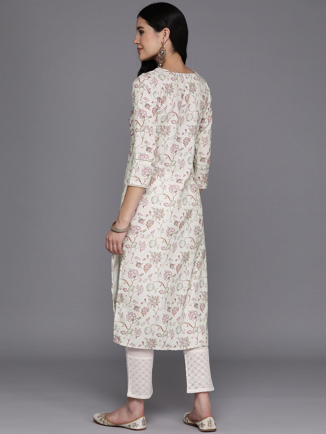 Off White Printed Cotton Straight Kurta - Libas