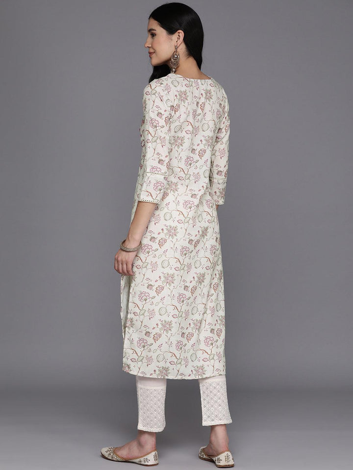 Off White Printed Cotton Straight Kurta - Libas