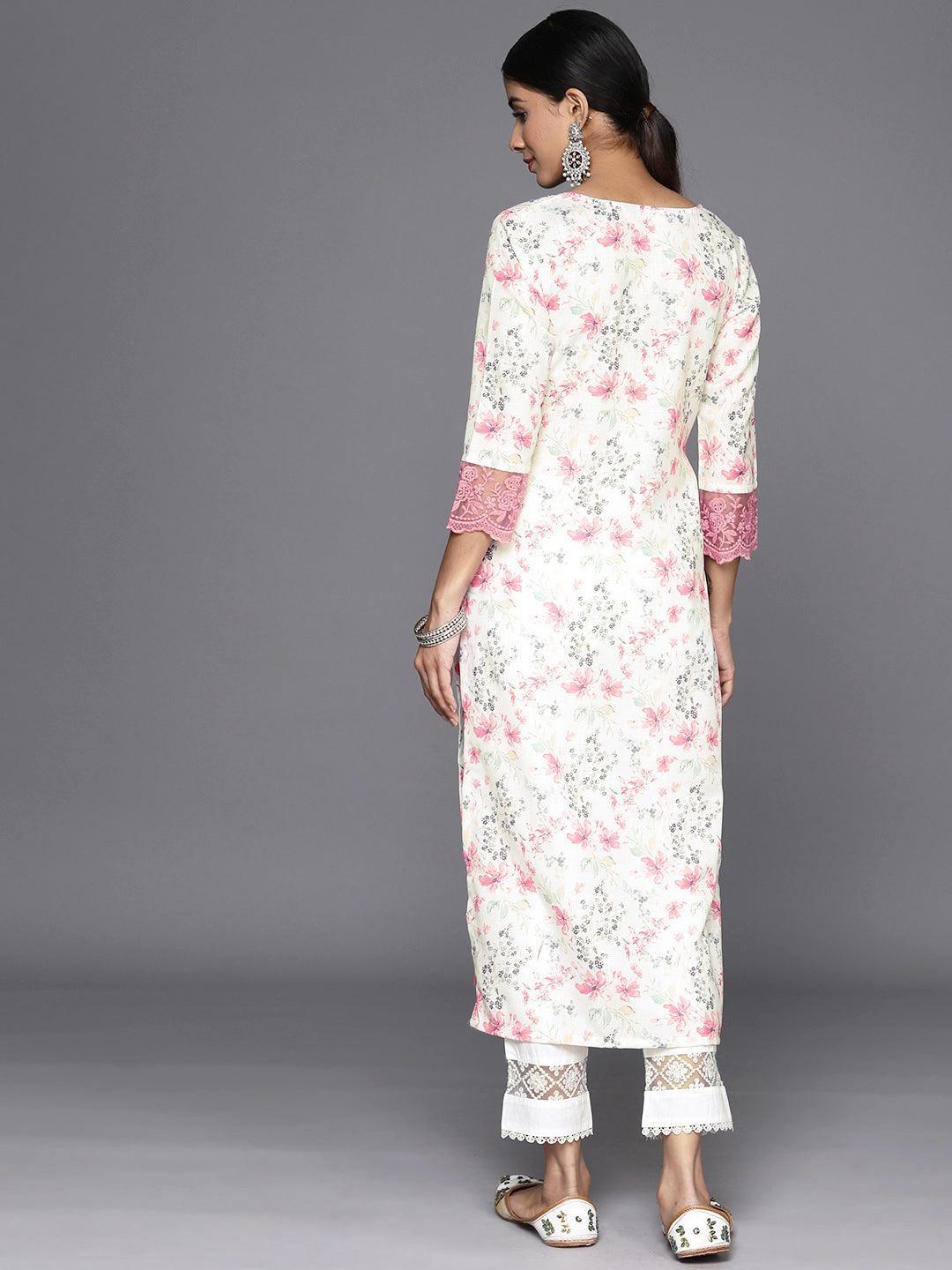 Off White Printed Cotton Straight Kurta - Libas