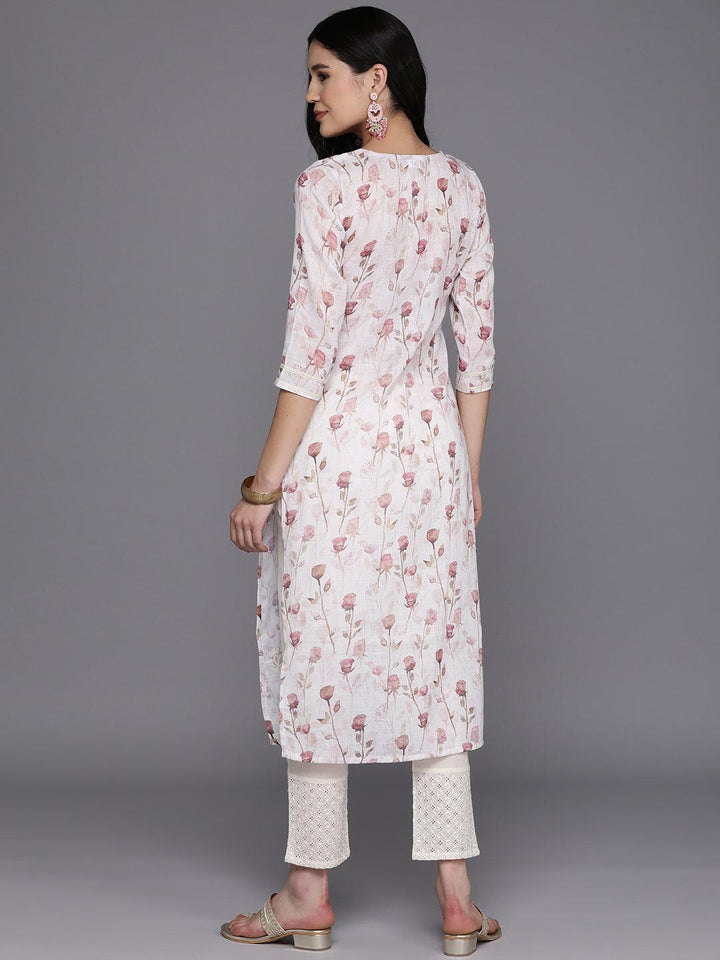 Off White Printed Cotton Straight Kurta - Libas