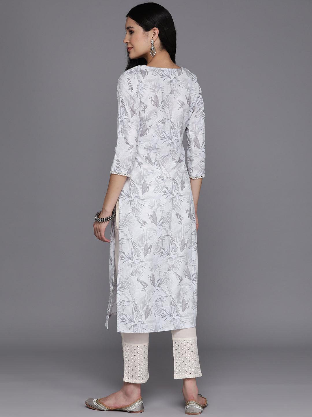 Off White Printed Cotton Straight Kurta