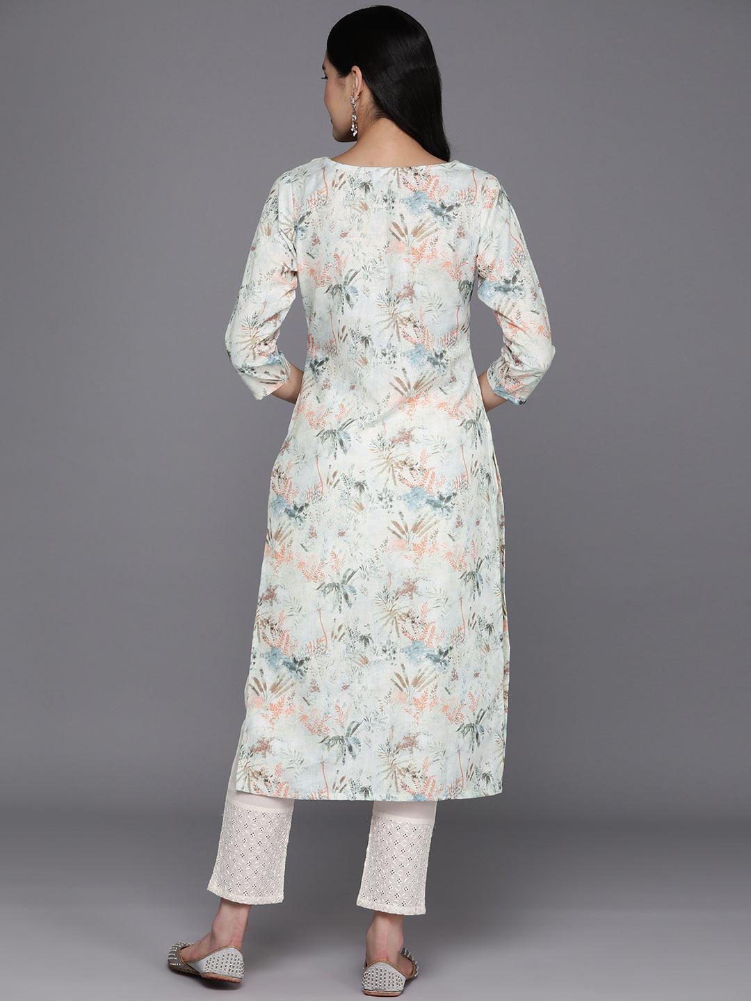 Off White Printed Cotton Straight Kurta