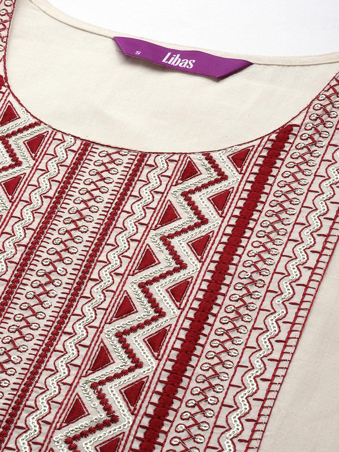 Off White Printed Cotton Straight Kurta - ShopLibas