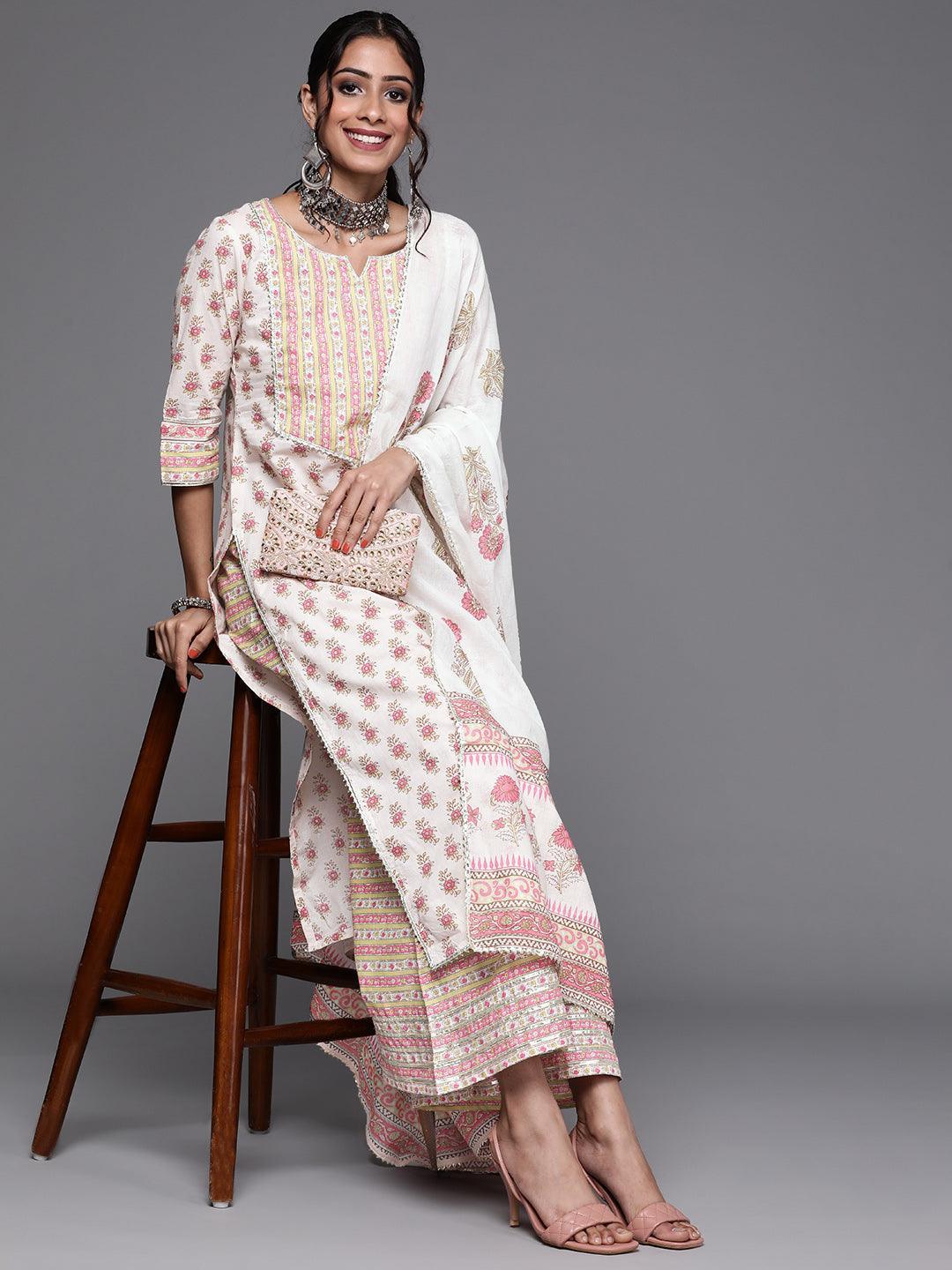 Off White Printed Cotton Suit Set