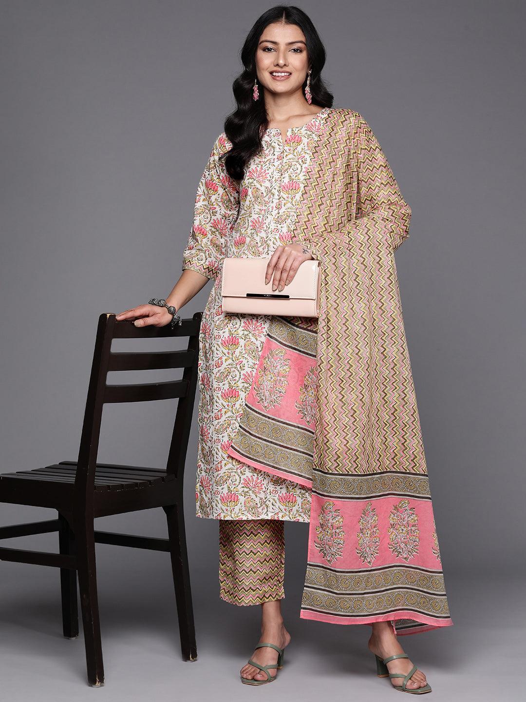 Off White Printed Cotton Straight Suit Set With Trousers - ShopLibas