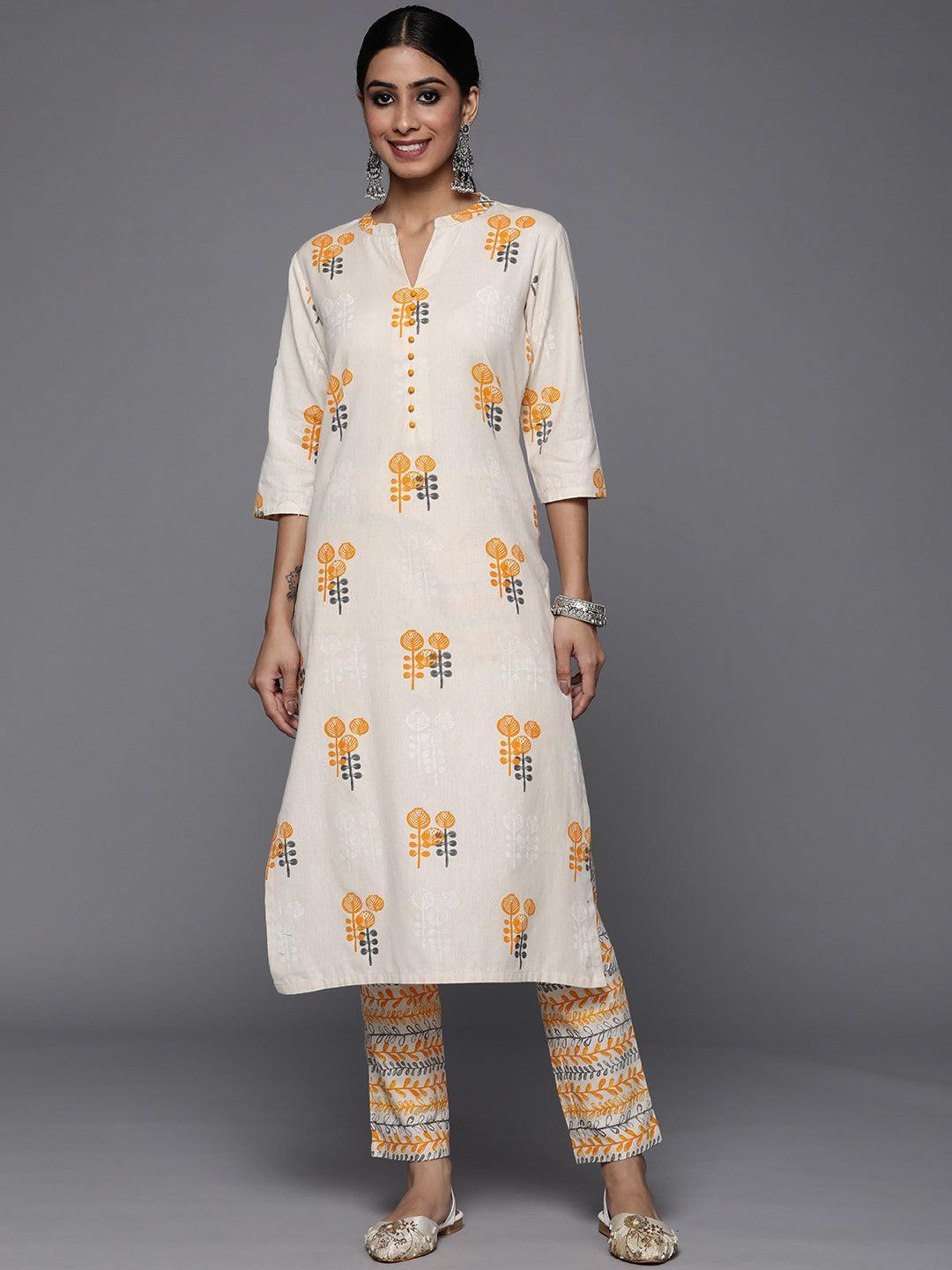 Off White Printed Cotton Straight Kurta Set