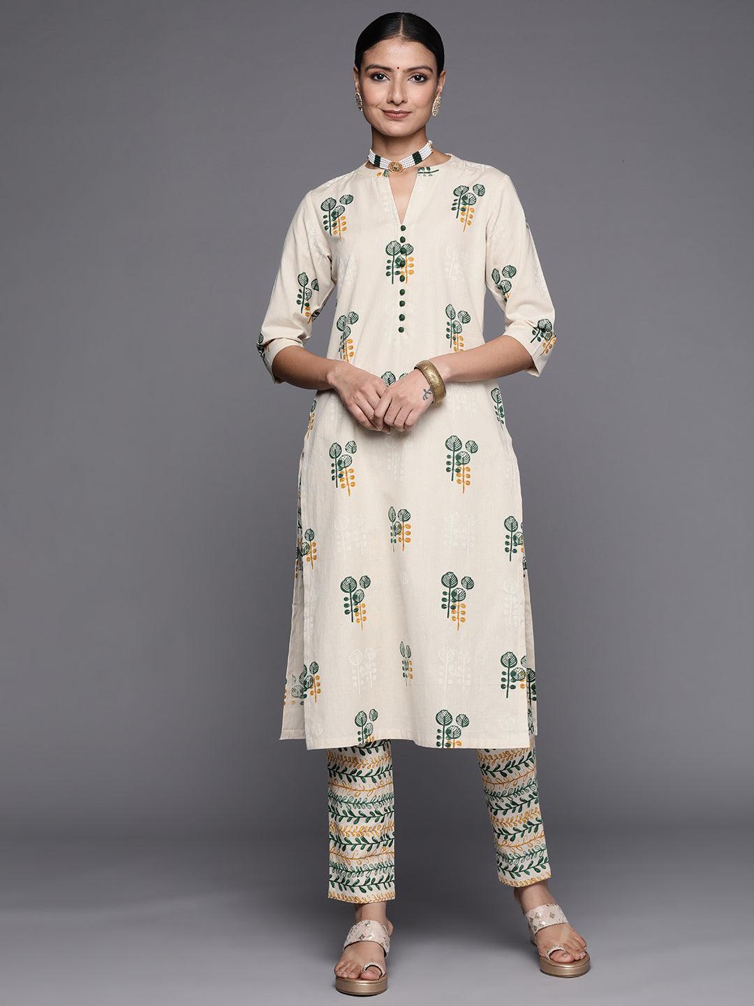 Off White Printed Cotton Straight Kurta Set