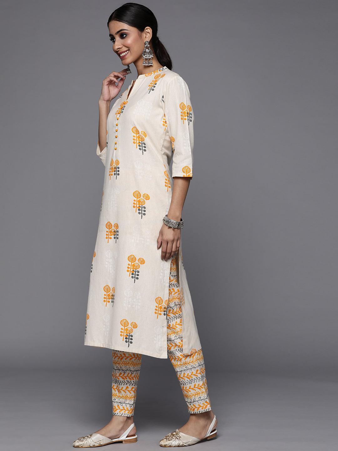 Off White Printed Cotton Straight Kurta Set