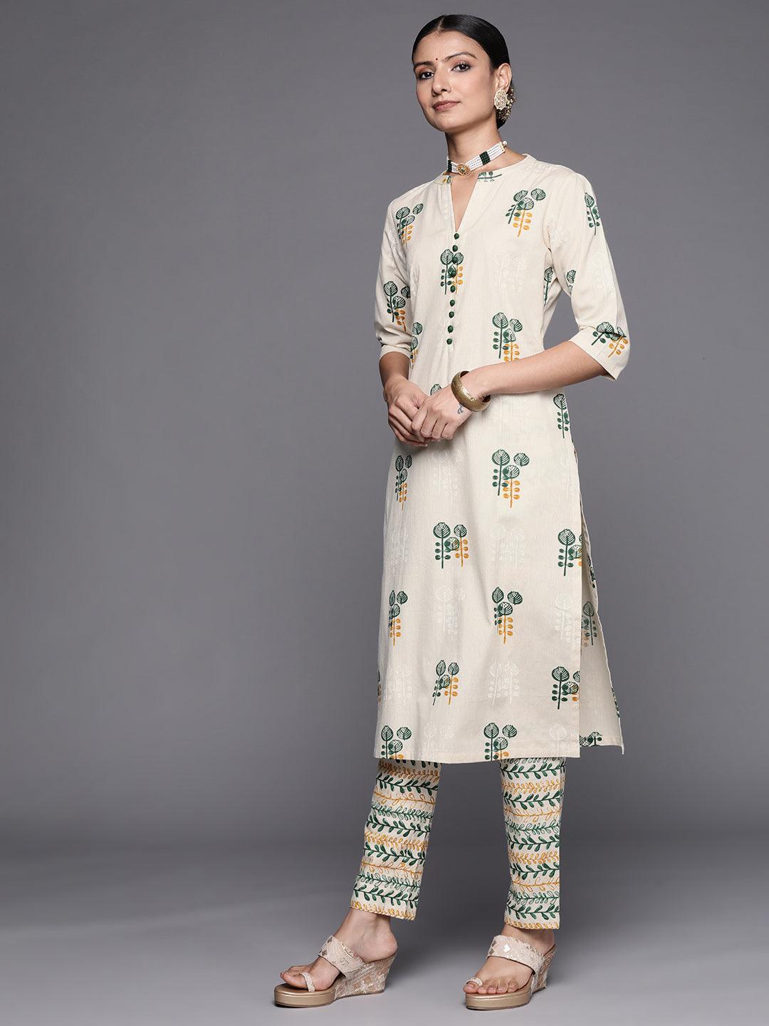 Off White Printed Cotton Straight Kurta Set