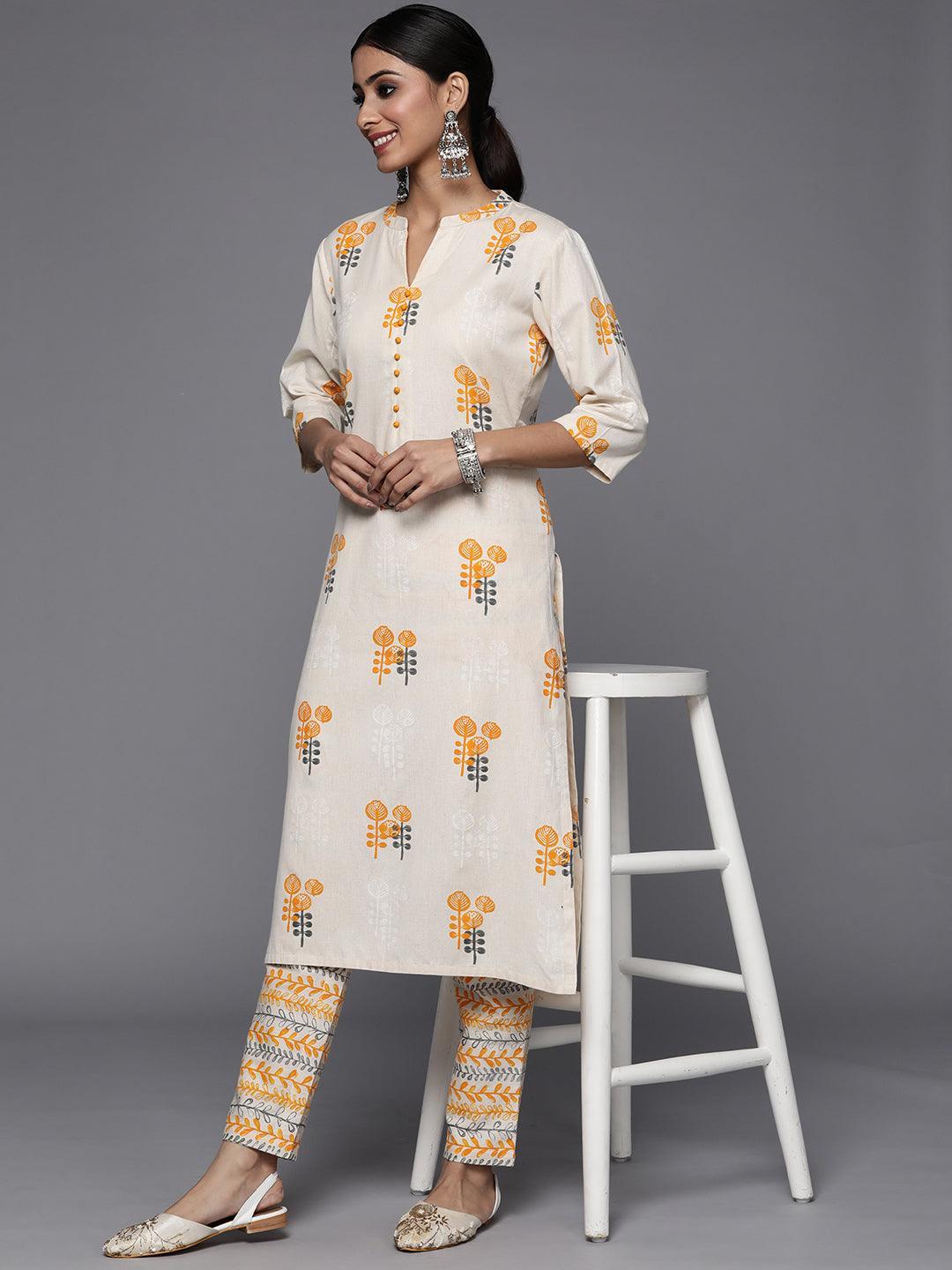 Off White Printed Cotton Straight Kurta Set