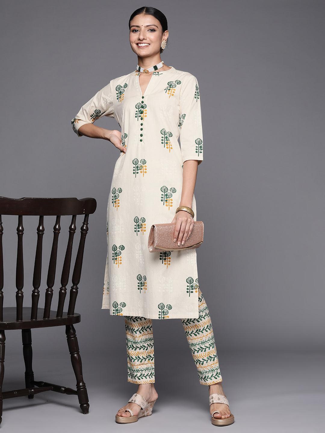 Off White Printed Cotton Straight Kurta Set