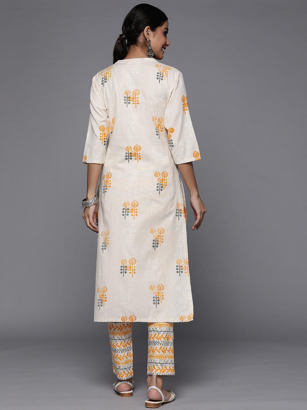 Off White Printed Cotton Straight Kurta Set