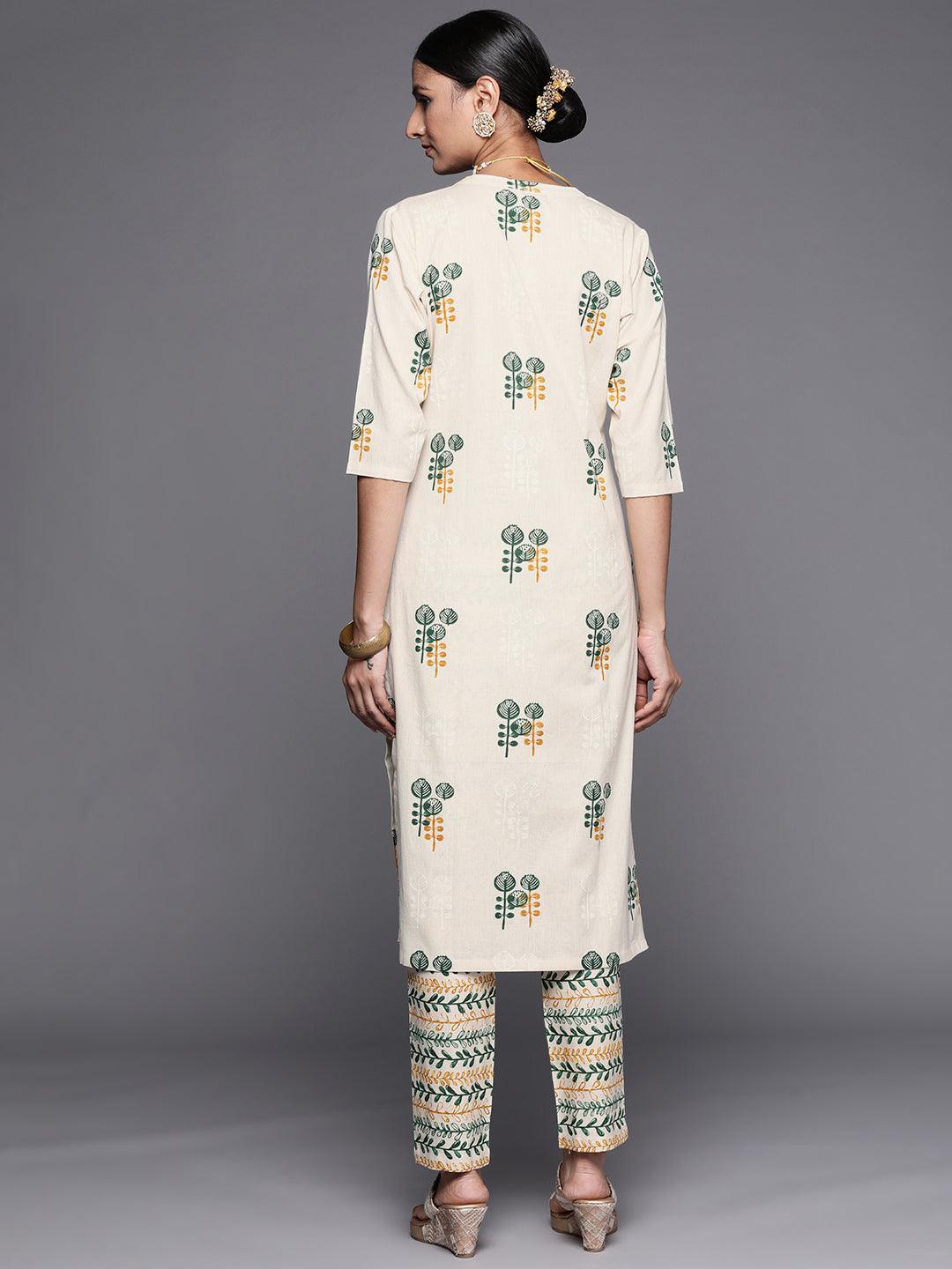 Off White Printed Cotton Straight Kurta Set