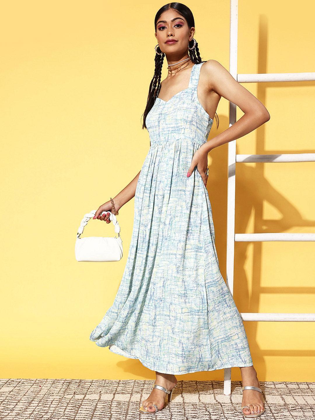 Off White Printed Georgette Fit and Flare Dress