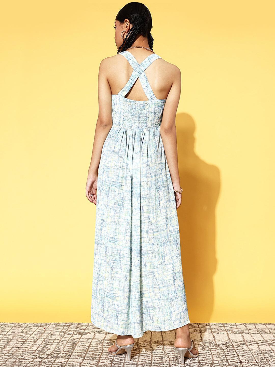 Off White Printed Georgette Fit and Flare Dress