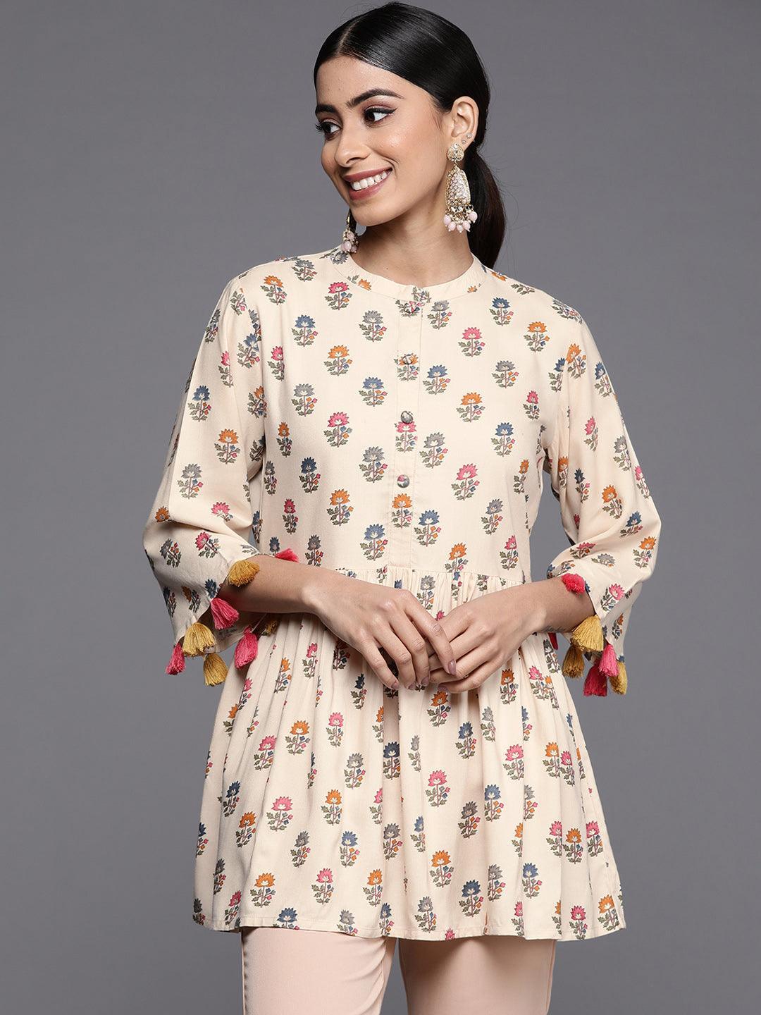 Off White Printed Rayon A-Line Kurti - Libas