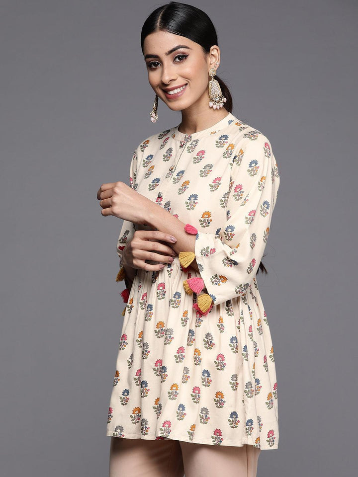 Off White Printed Rayon A-Line Kurti - Libas