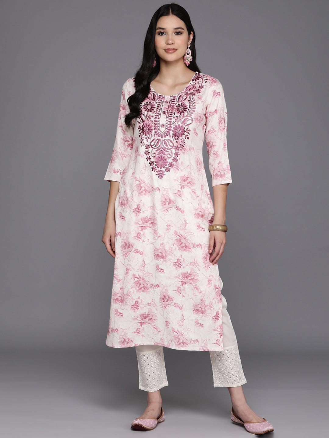 Off White Printed Rayon Straight Kurta