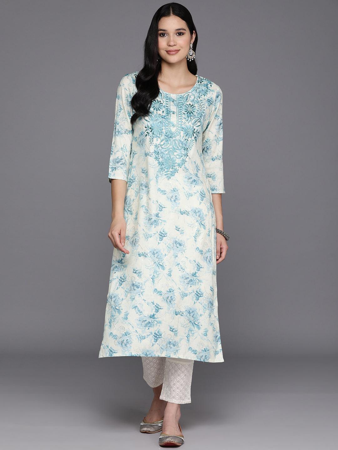 Off White Printed Rayon Straight Kurta