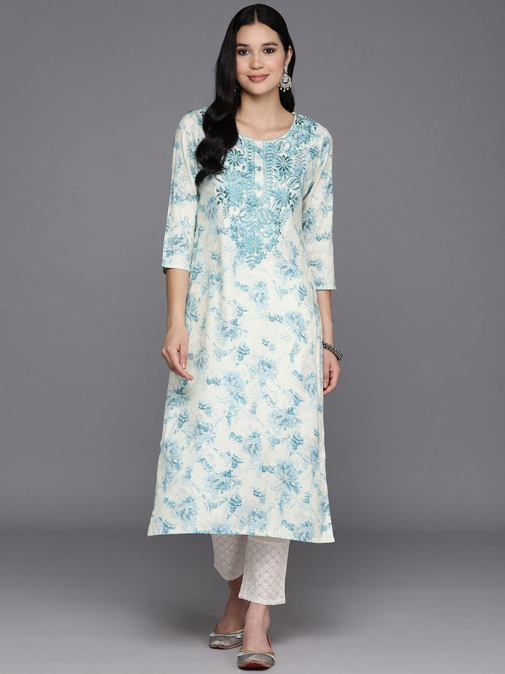 Off White Printed Rayon Straight Kurta - Libas