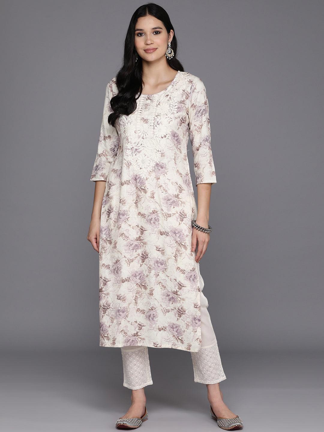 Off White Printed Rayon Straight Kurta