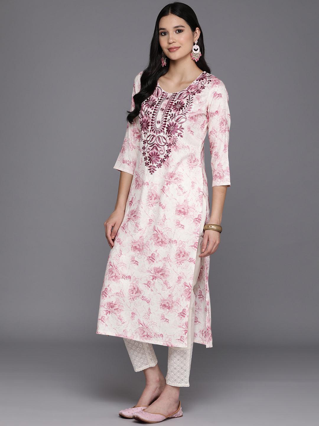 Off White Printed Rayon Straight Kurta