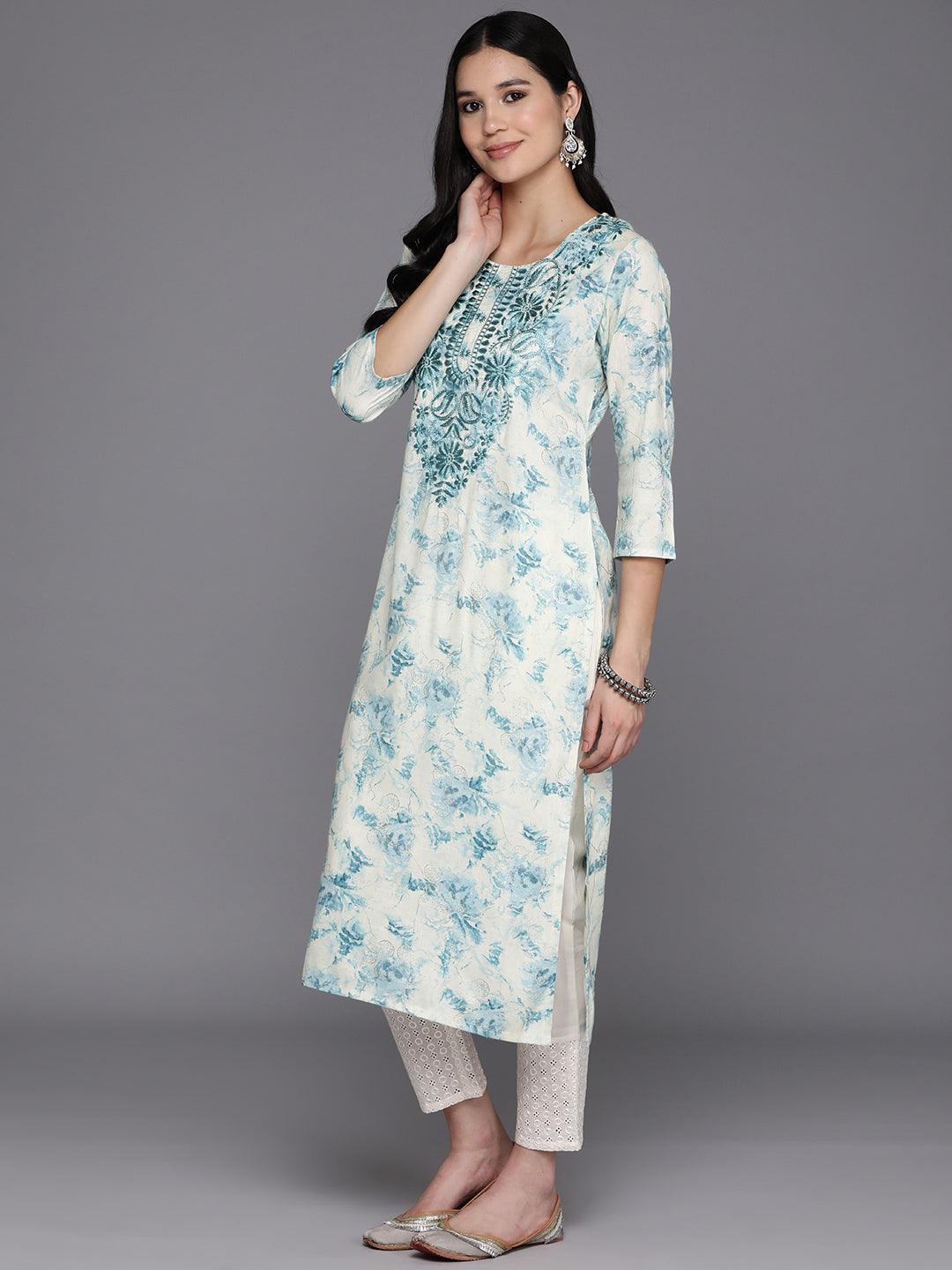 Off White Printed Rayon Straight Kurta