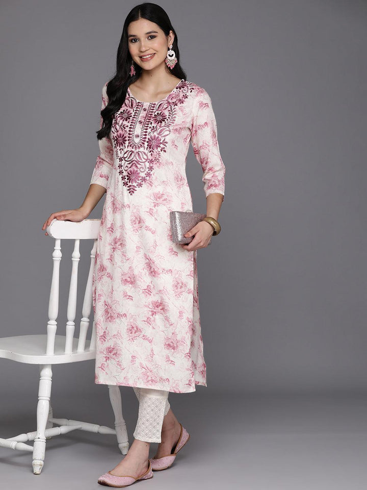 Off White Printed Rayon Straight Kurta - Libas