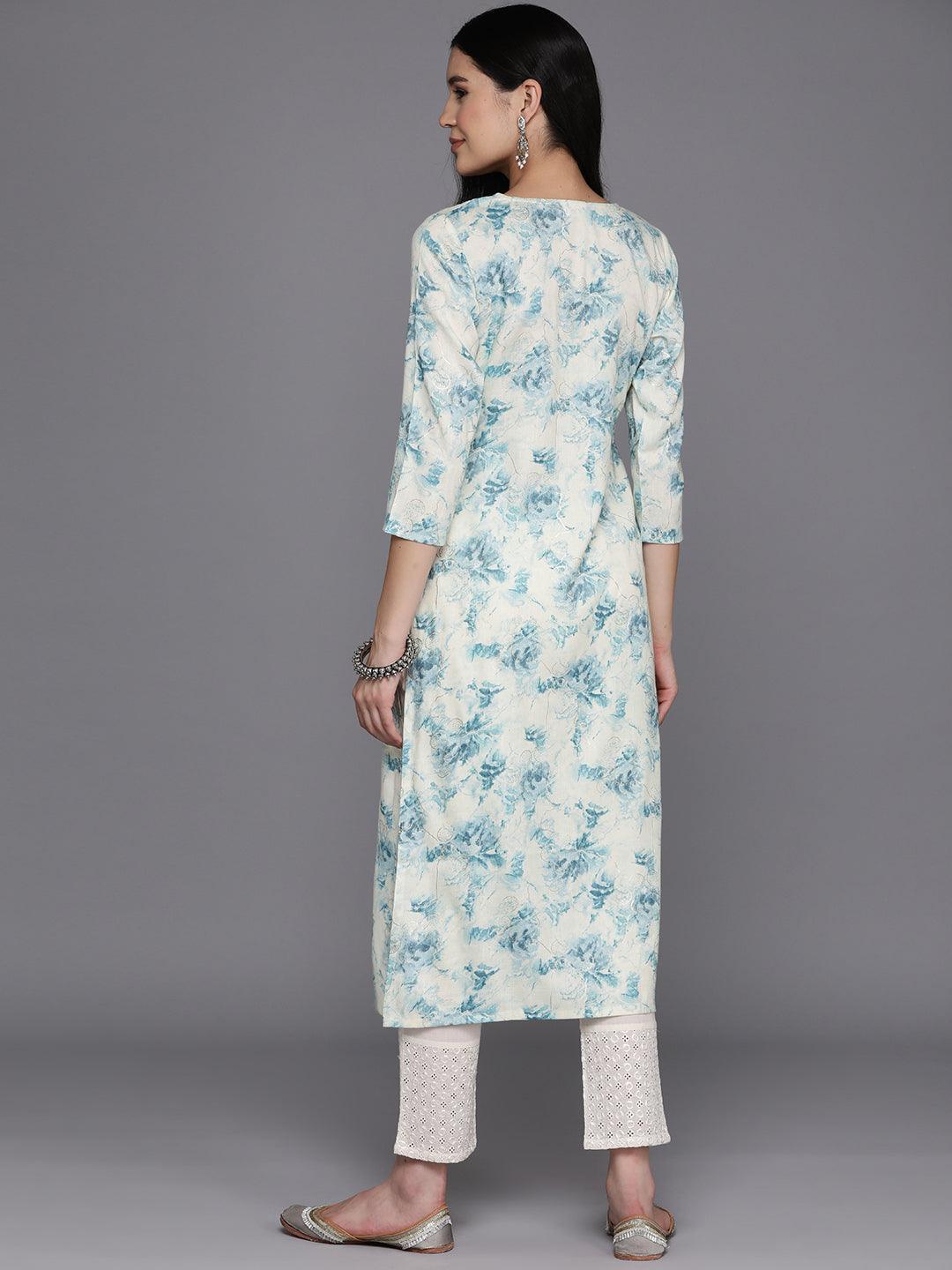 Off White Printed Rayon Straight Kurta - Libas