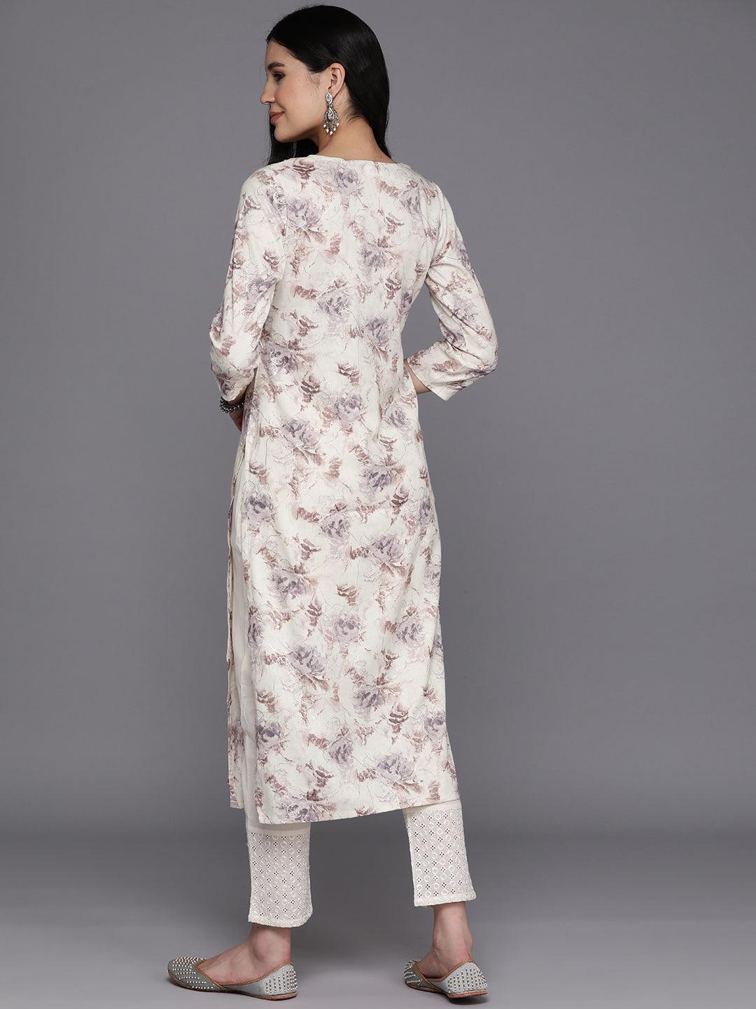 Off White Printed Rayon Straight Kurta