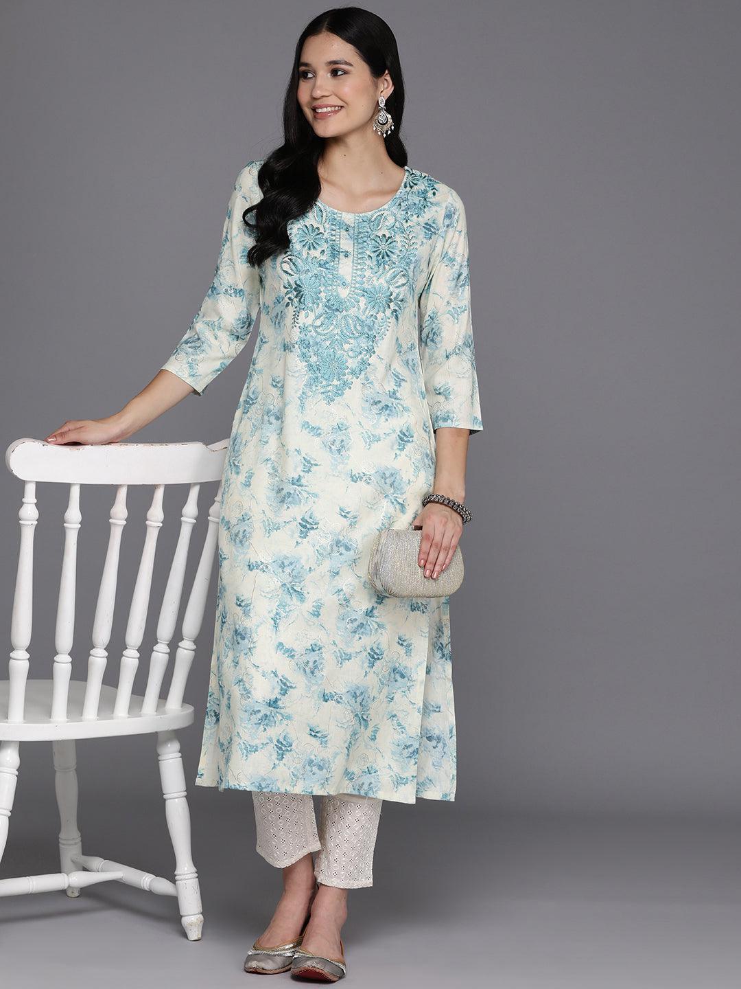 Off White Printed Rayon Straight Kurta