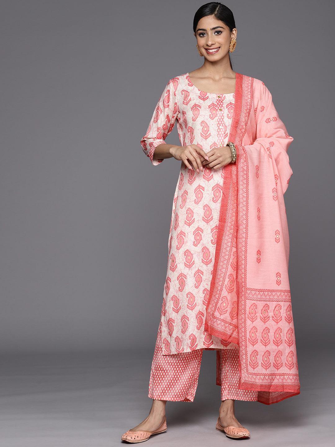 Off White Printed Rayon Straight Suit Set With Trousers