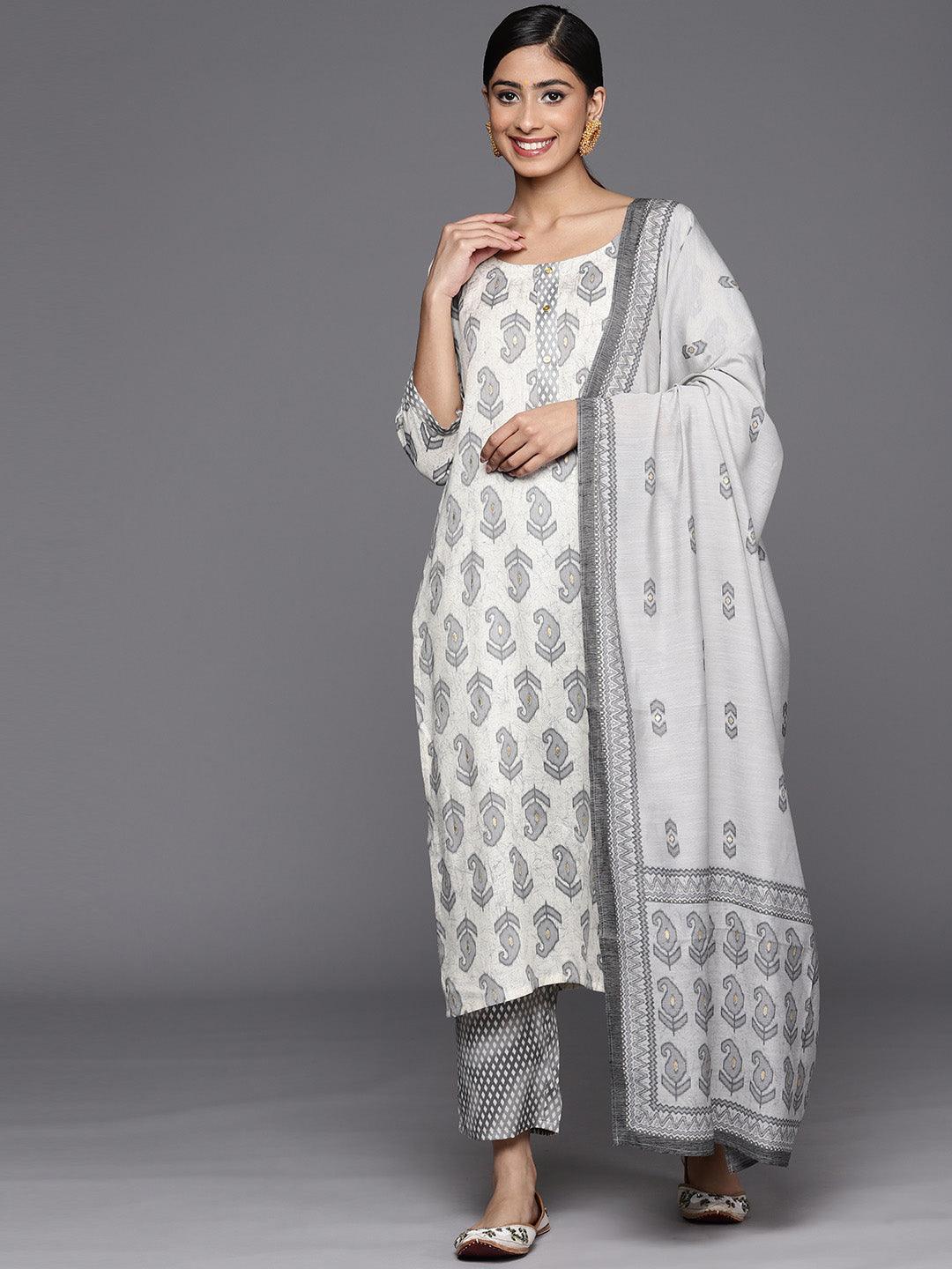 Off White Printed Rayon Straight Suit Set With Trousers - ShopLibas